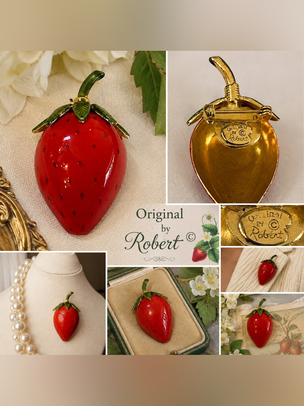Signed Original by Robert Strawberry Brooch - Red & Green Enamel